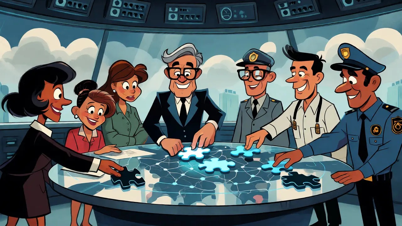 Team collaborating on a network map in retro cartoon style
