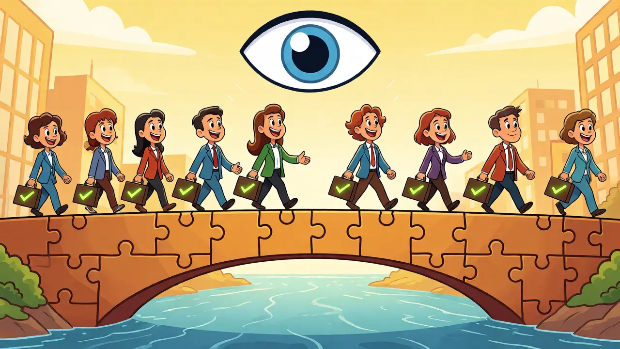 Team crossing a bridge of approval blocks under watchful monitoring eye.