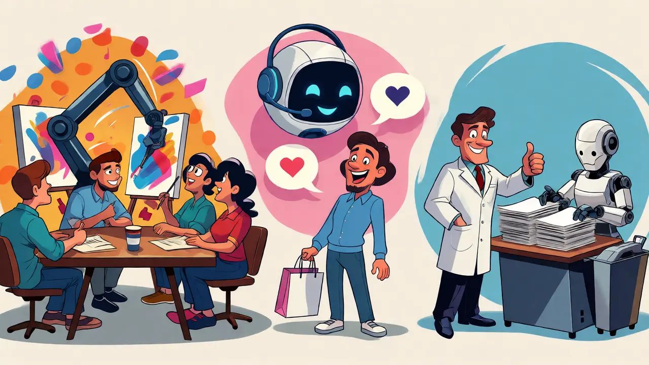 Three cartoon panels showing AI accelerating creativity, customer service, and medical admin.