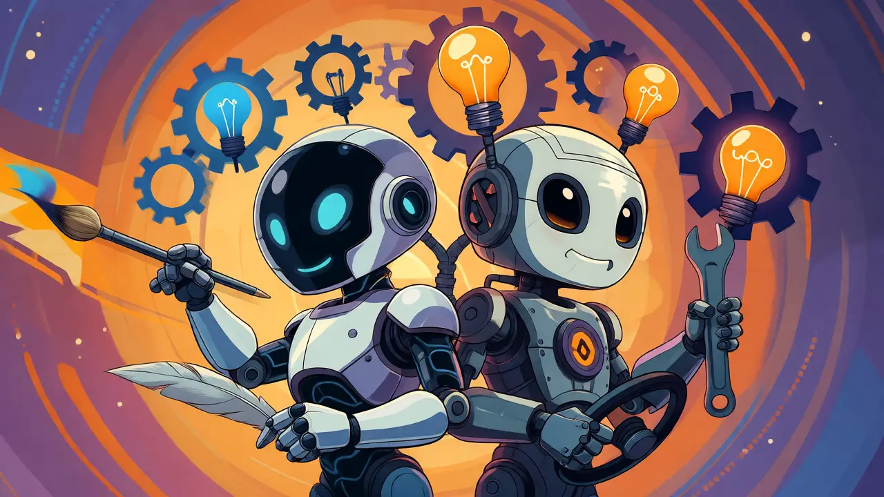 Two cartoon AI robots representing generative creation and agentic action working together.