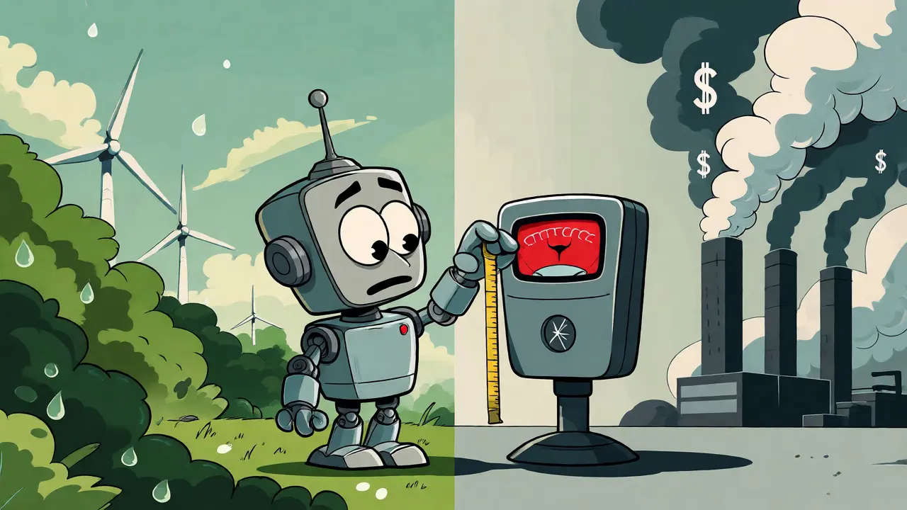 Worried robot checking energy meters between a green landscape and a smoggy factory.